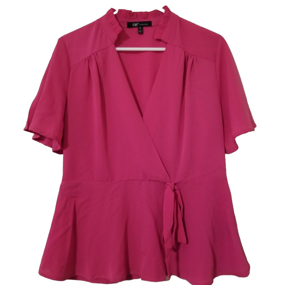 092) YMI Collection Blouse XLarge Magenta Pink‎ Womens Deep Vneck Ruffle Neck